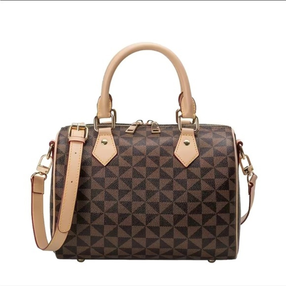 New! Beautiful Brown Geometric Boston Bag Crossbody Satchel Handbag Purse